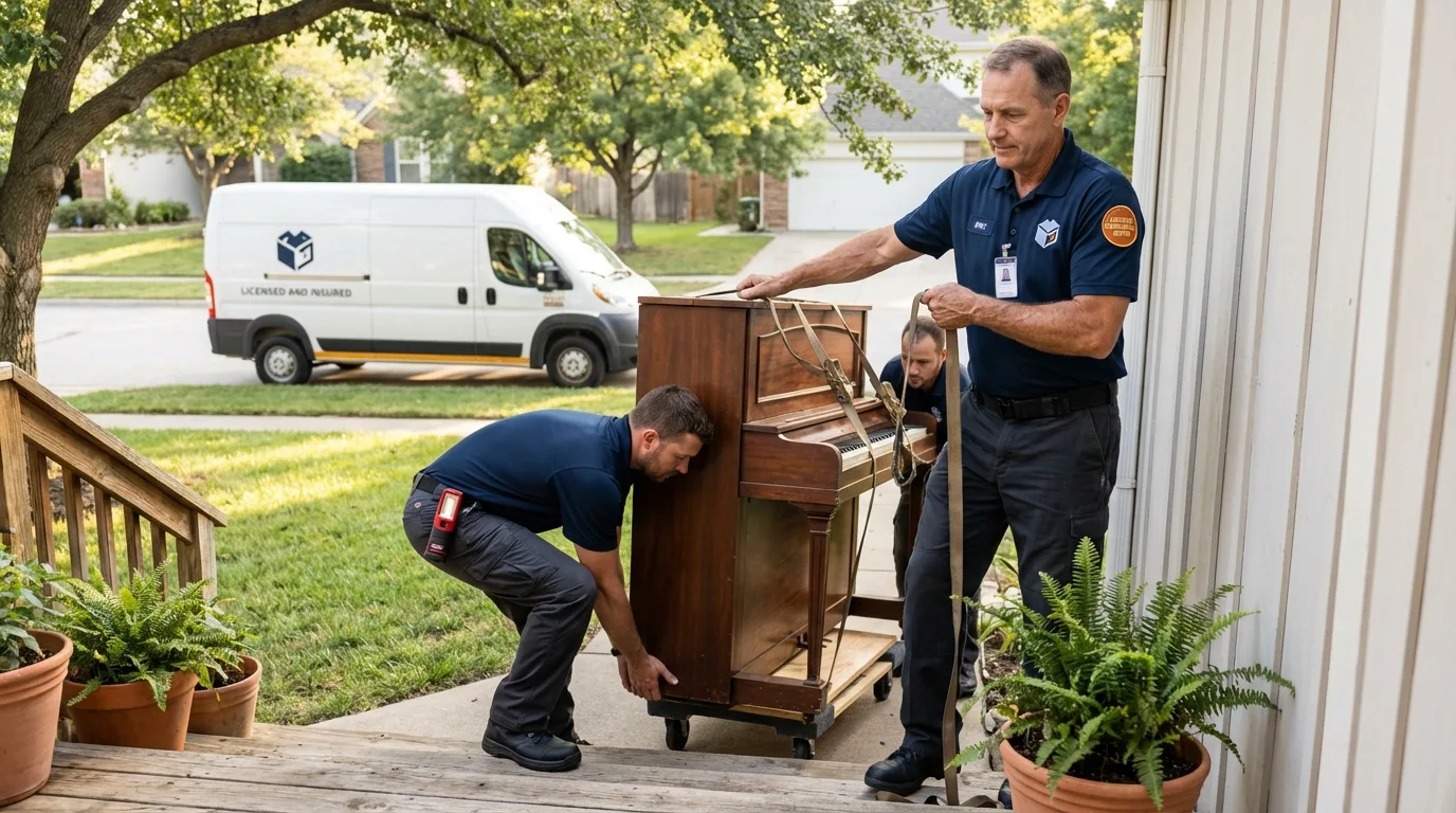 Licensed piano movers securing grand piano in Booneville, AR