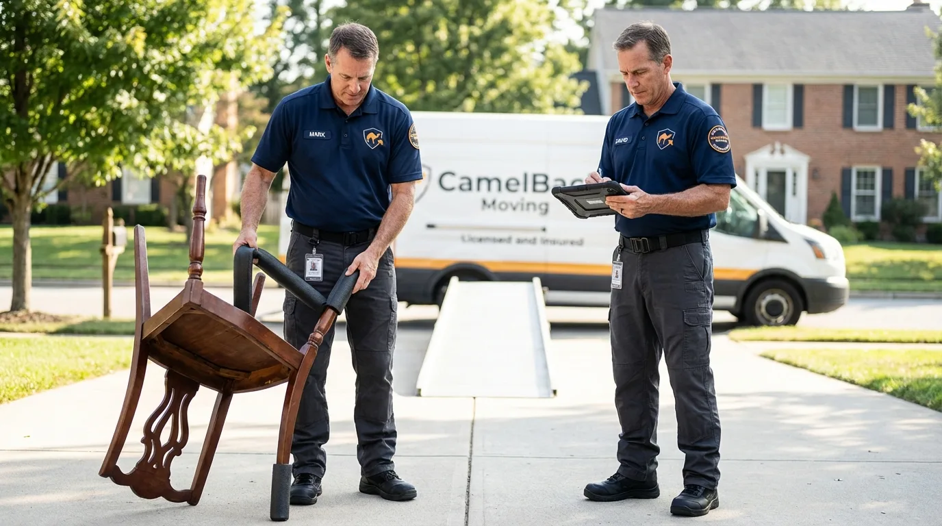 Movers inspecting furniture for damage prevention before loading in Booneville, AR