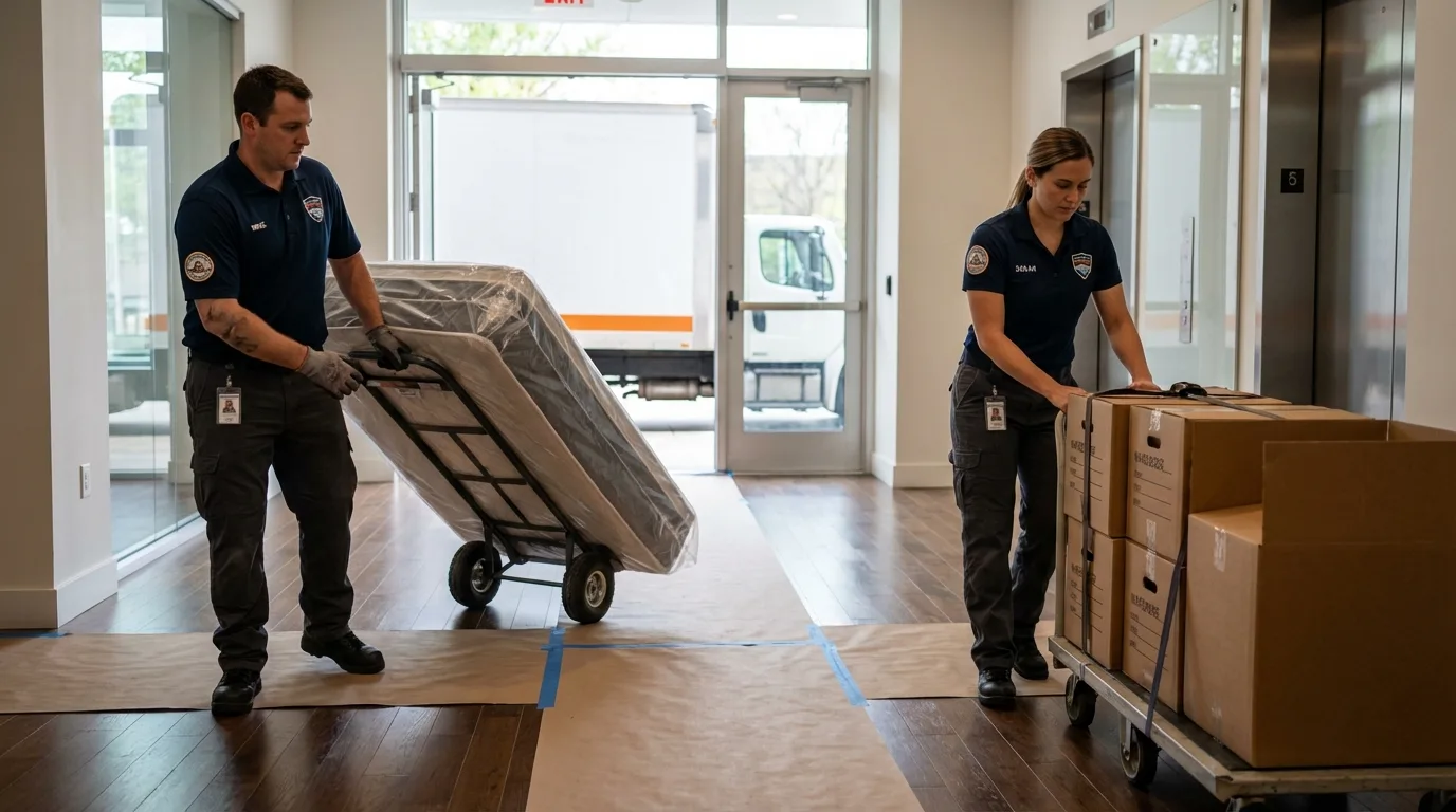 Professional apartment movers loading elevator in Booneville, AR